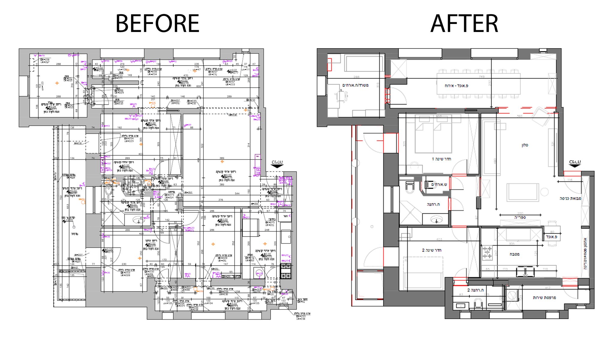 Drawing of an apartment plan, before and after are placed side by side, describing the changes in the interior layout