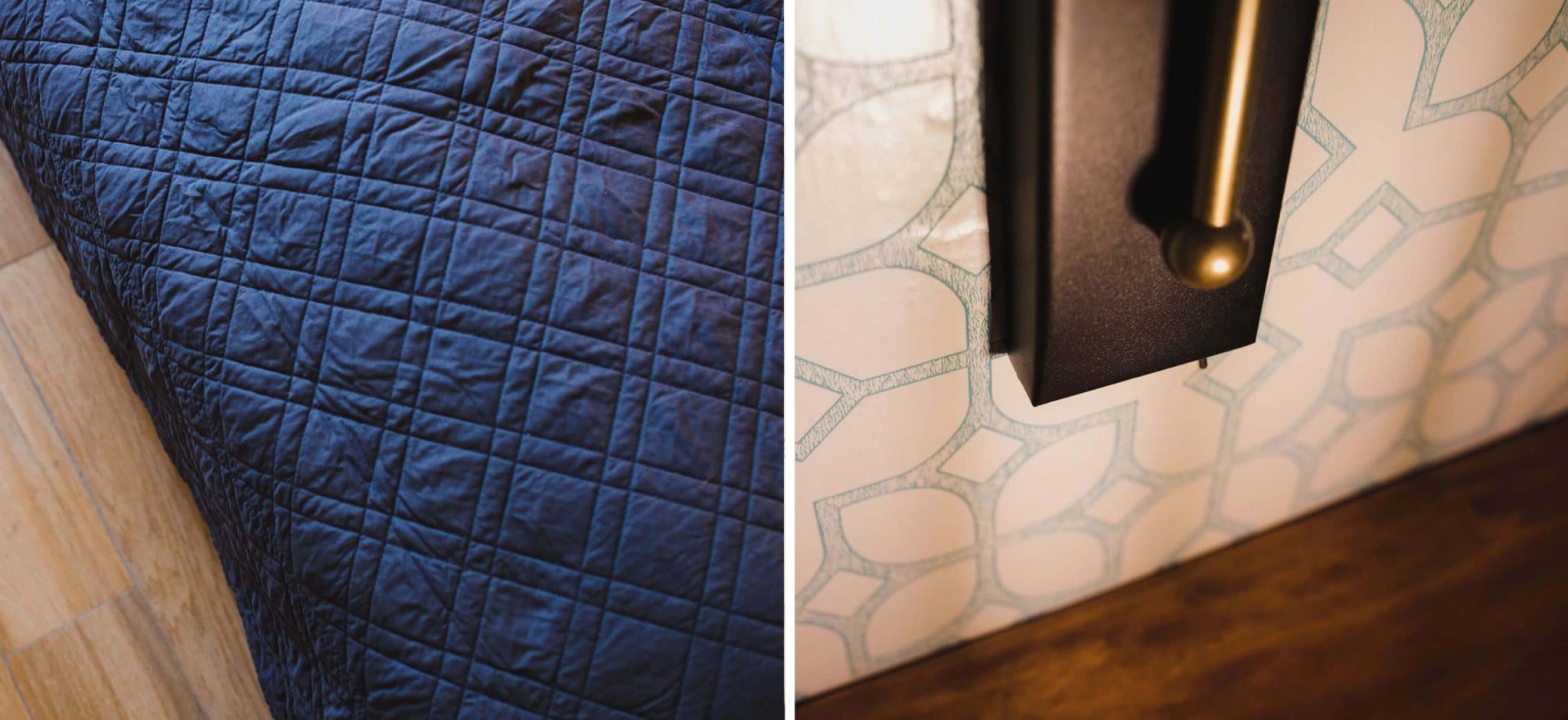 Two images, side by side, showing detailed view of different materials in the bedroom